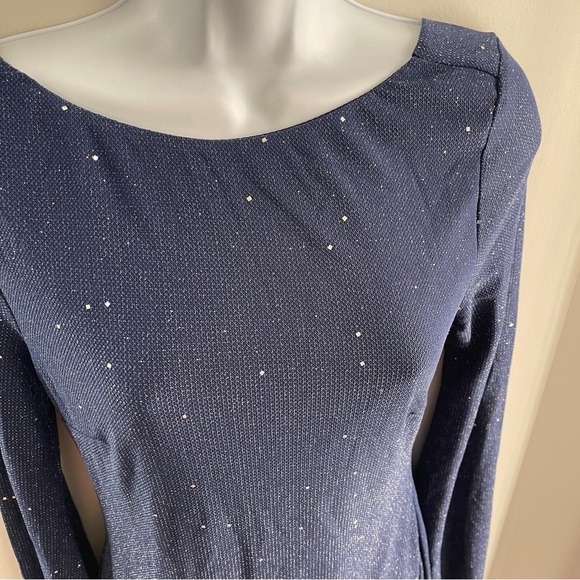 Sequined Navy Flare Long Sleeves Mini Dress - Picture 3 of 13
